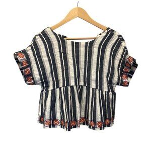 JOA Los Angeles Cropped Peplum Top M Embroidered Blue White Striped Open Back